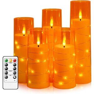 5 Pc Flameless LED Candles with Timer - Orange,‎ Flickering, Star String Decor